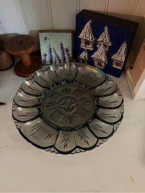 Carnival Glass Iridescent Vintage Glass Egg Tray - Smoky Gray